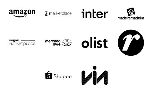 Na imagem é possível notar logos de algumas marcas que possuem marketplaces como Amazon, Americanas, Inter, Olist e Renner, nas quais a Anymarket possibilita a integração.