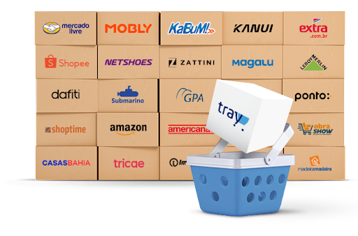 Na imagem é possível notar logos de algumas marcas que possuem marketplaces como Mercado Livre, Mobly, Kabum, Kanui, Shopee, Netshoes, Leroy Merlin, Submarino, entre outras, nas quais a Tray possibilita a integração.