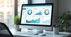Computador mostrando dashboard de análise de dados e taxa de conversão em site de e-commerce
