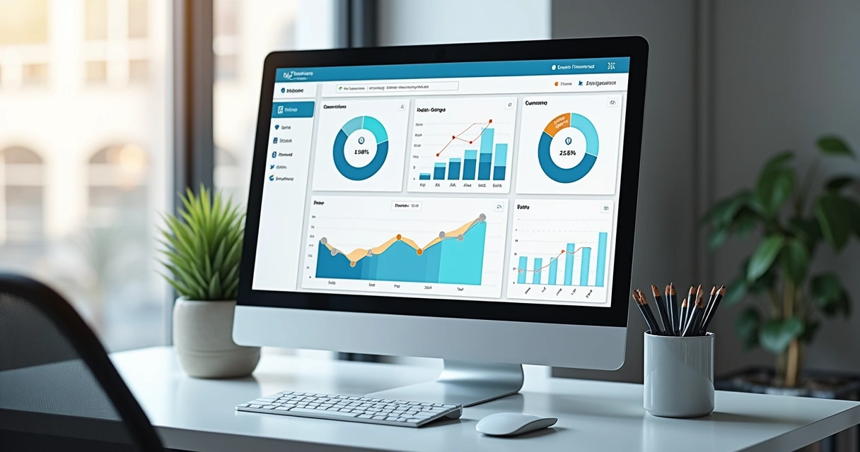 Computador mostrando dashboard de análise de dados e taxa de conversão em site de e-commerce