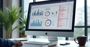 Computador mostrando gráficos de desempenho e erros em SEO para e-commerce em ambiente de escritório moderno