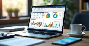 Calculadora e planilha digital aberta com gráficos de desempenho e custo por aquisição em uma mesa de trabalho