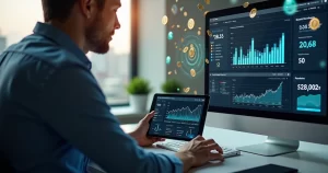 Pessoa analisando gráficos financeiros em tela de computador com figuras de moedas e dados digitais ao redor