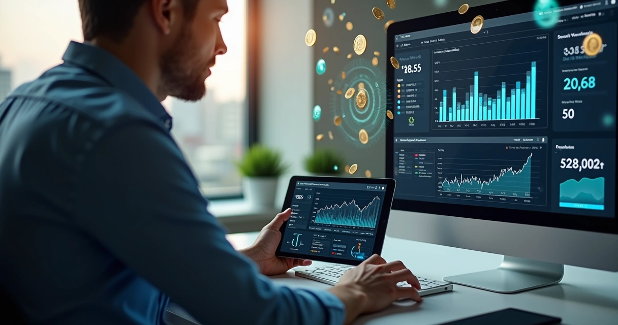 Pessoa analisando gráficos financeiros em tela de computador com figuras de moedas e dados digitais ao redor