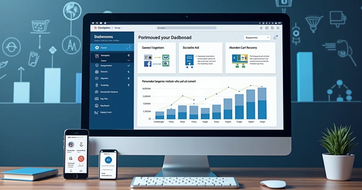Tela de computador exibindo campanha de retargeting com anúncios personalizados para recuperação de leads