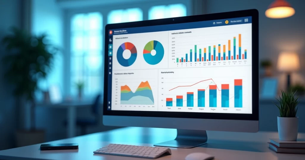 Tela de dashboard digital com gráficos coloridos de análise de dados e estratégia de marketing