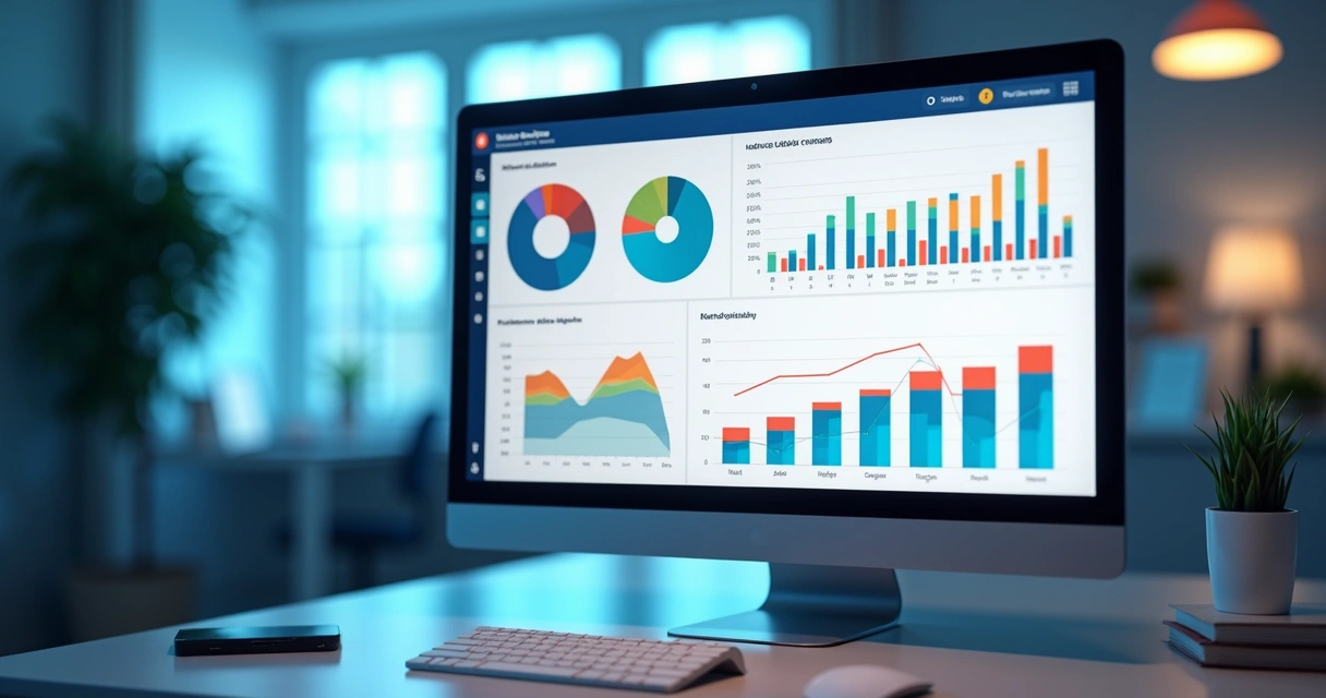 Tela de dashboard digital com gráficos coloridos de análise de dados e estratégia de marketing