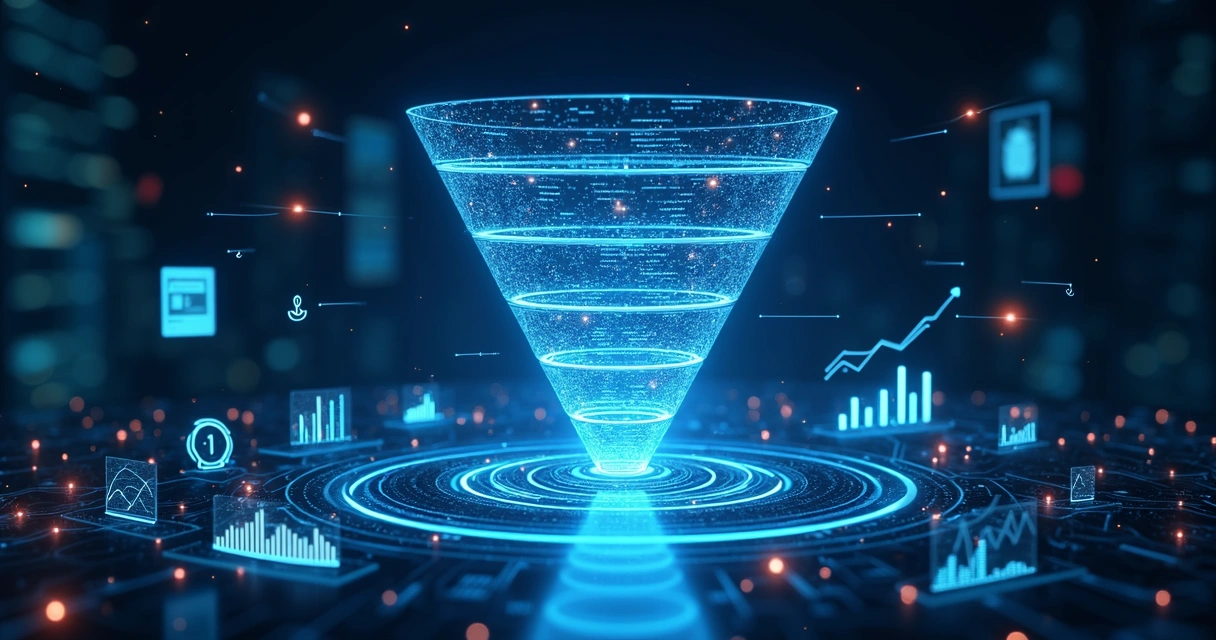 Representação digital ultra detalhada de funil de vendas 2026 com gráficos dinâmicos e elementos tecnológicos futuristas