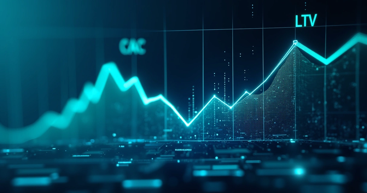Gráfico digital mostrando curvas de CAC e LTV em cores distintas sobre fundo tecnológico