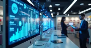 Dispositivos conectados demonstrando integração de canais omnichannel em um ambiente de varejo e e-commerce