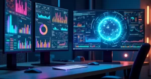 Computador com múltiplas telas exibindo gráficos de desempenho digital e inteligência artificial em ação