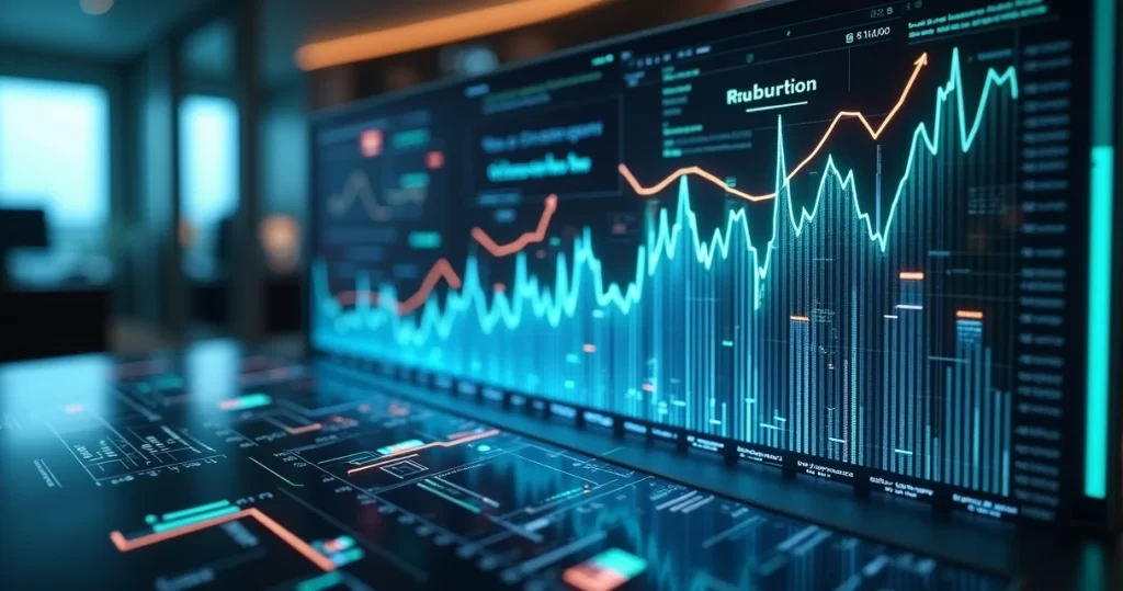 Interface digital futurista mostrando gráficos de crescimento e geração de leads com inteligência artificial