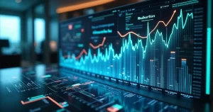 Interface digital futurista mostrando gráficos de crescimento e geração de leads com inteligência artificial