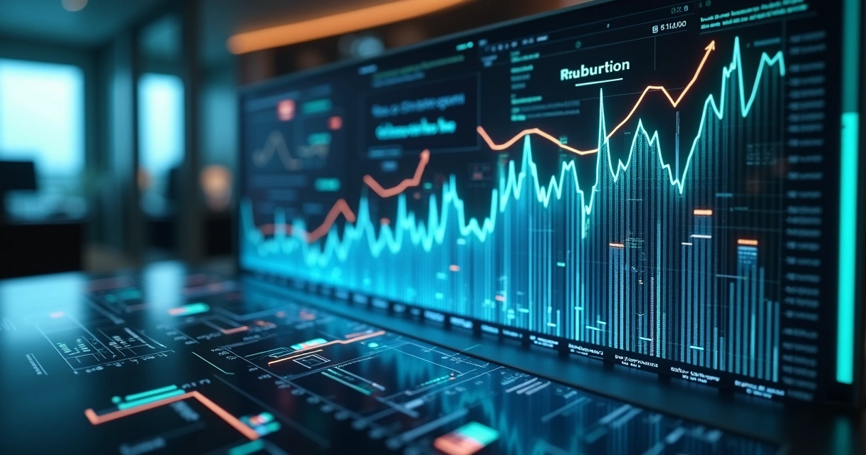 Interface digital futurista mostrando gráficos de crescimento e geração de leads com inteligência artificial