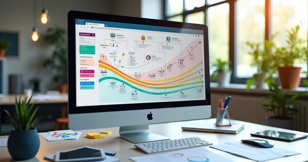 Fluxo digital ilustrado da jornada do cliente com etapas e pontos de contato em tela de computador