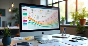 Fluxo digital ilustrado da jornada do cliente com etapas e pontos de contato em tela de computador