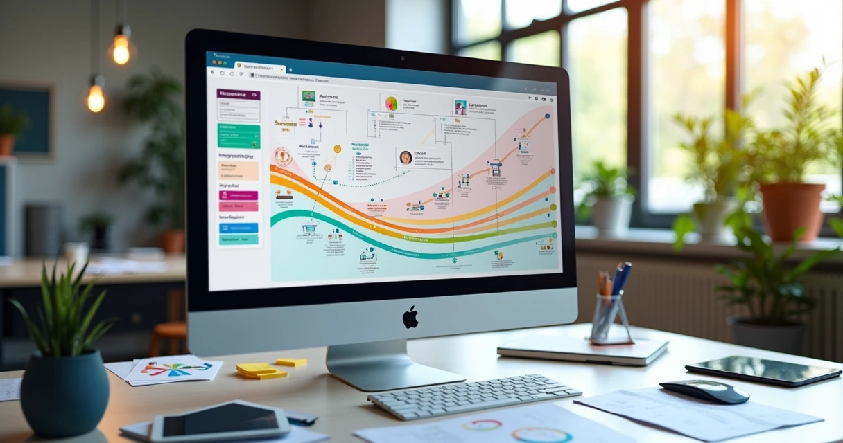 Fluxo digital ilustrado da jornada do cliente com etapas e pontos de contato em tela de computador