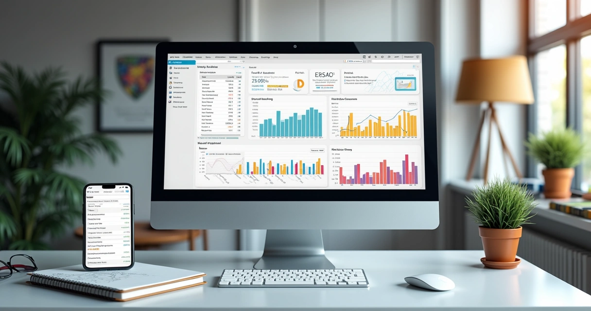 Tela de computador exibindo dashboard de SEO com gráficos de desempenho e análise de palavras-chave para e-commerce