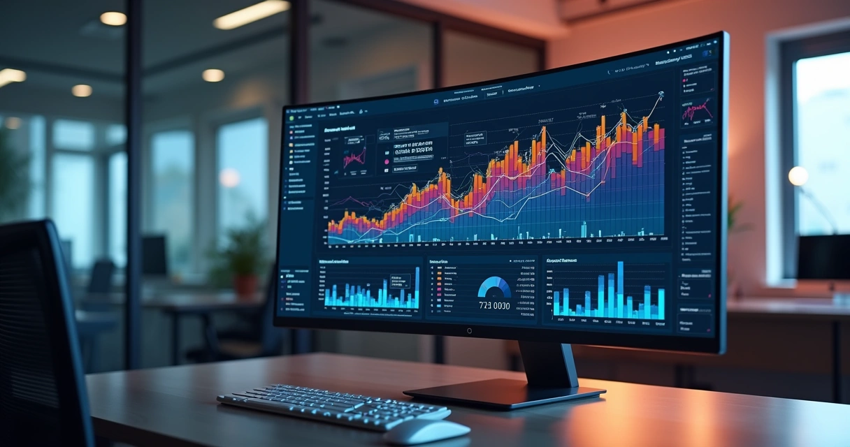 Tela de computador mostrando painel digital com gráficos de vendas e dados de audiência detalhados