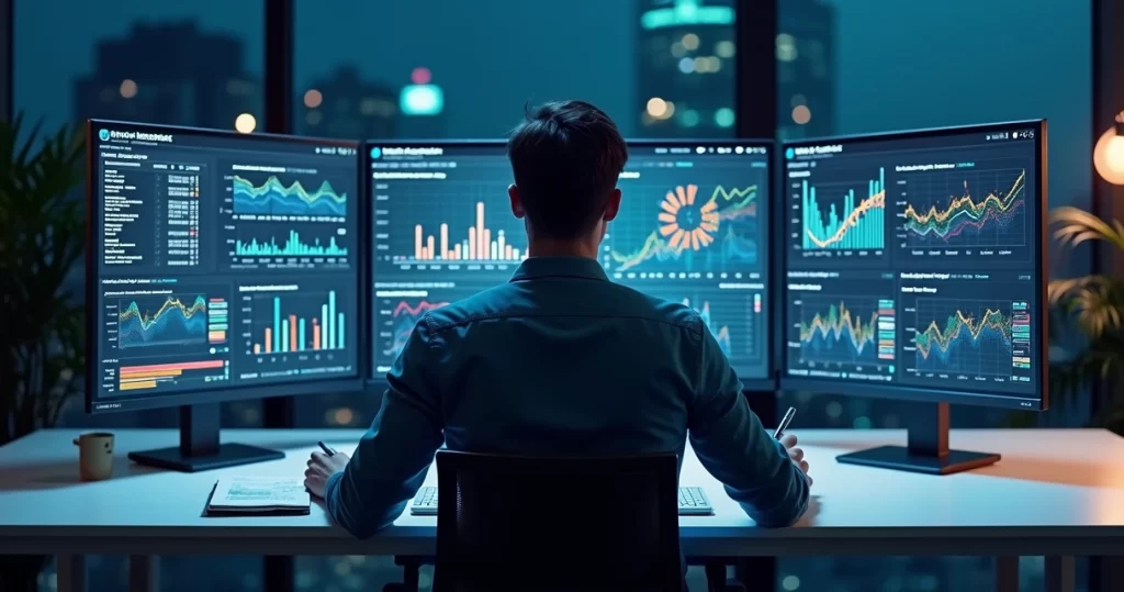 Profissional analisando painel de web analytics com gráficos distorcidos na tela