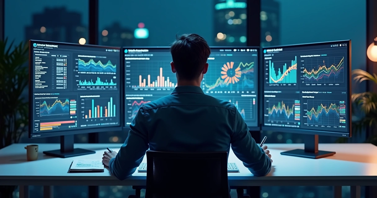 Profissional analisando painel de web analytics com gráficos distorcidos na tela