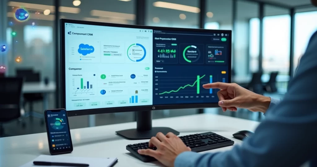Comparação visual entre Salesforce e Dynamics em um painel de CRM
