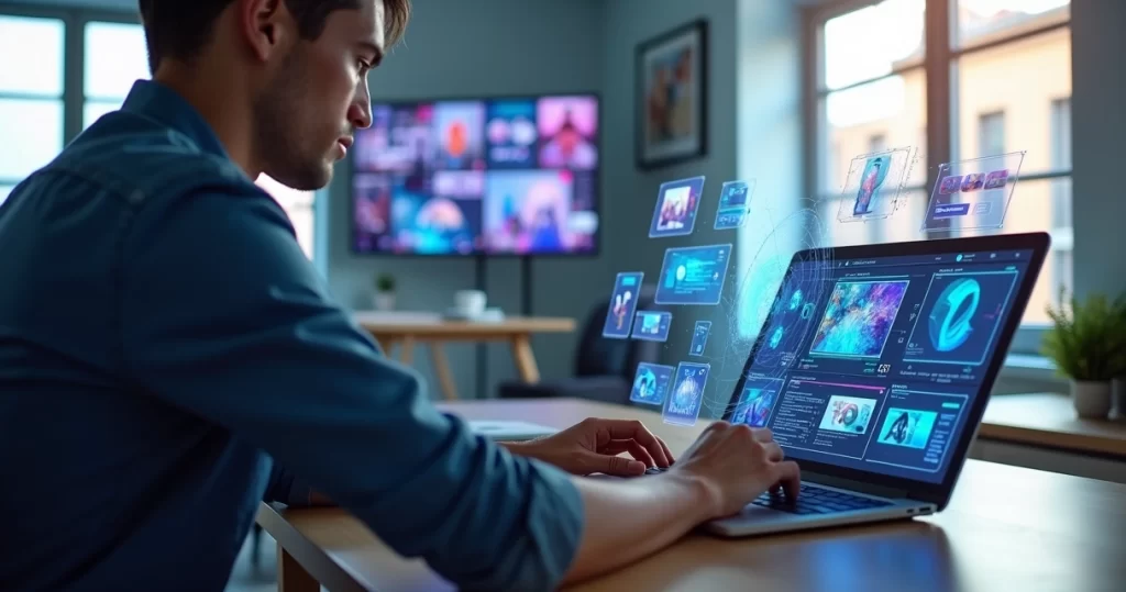 Profissional cria imagens de campanha em notebook com painel de inteligência artificial