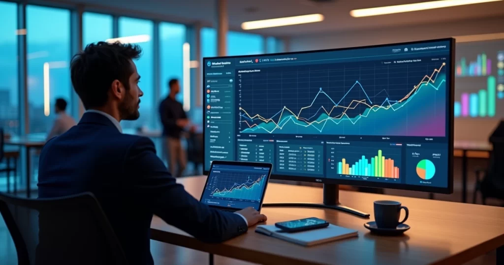Gestor analisa painel de CRM preditivo com gráficos de vendas em tela ampla