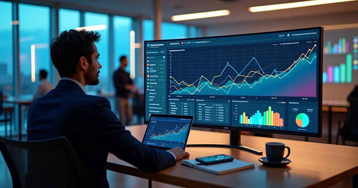 Gestor analisa painel de CRM preditivo com gráficos de vendas em tela ampla