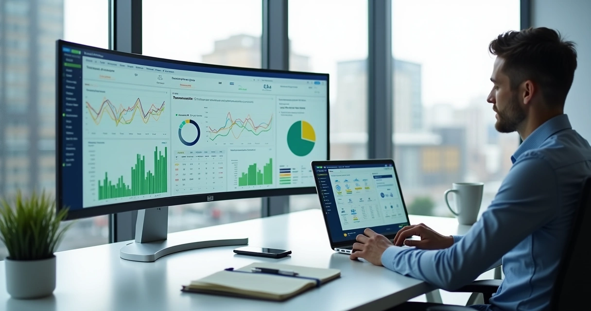 Profissional analisando dashboard automatizado de web analytics em monitor amplo