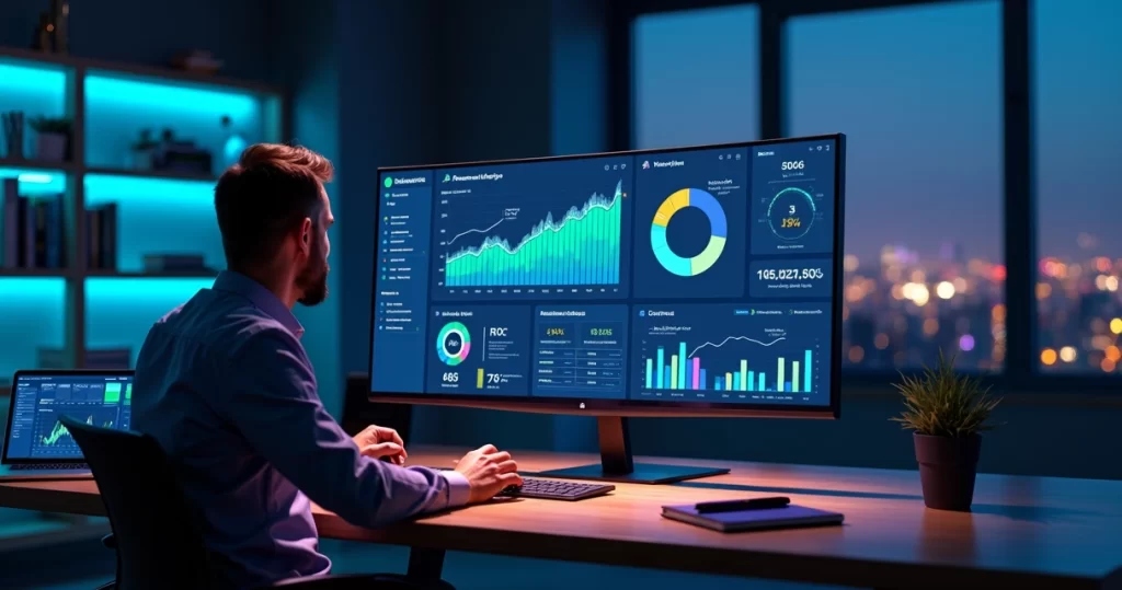 Profissional analisando painel de web analytics com gráficos de KPIs em tela ampla
