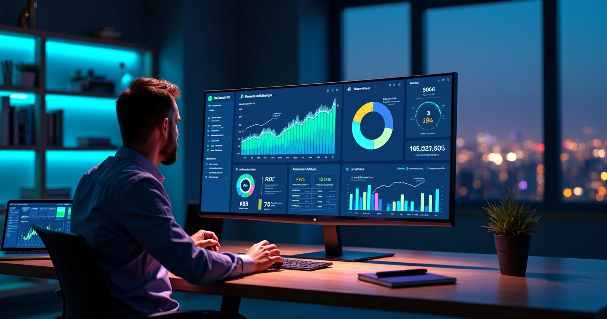 Profissional analisando painel de web analytics com gráficos de KPIs em tela ampla