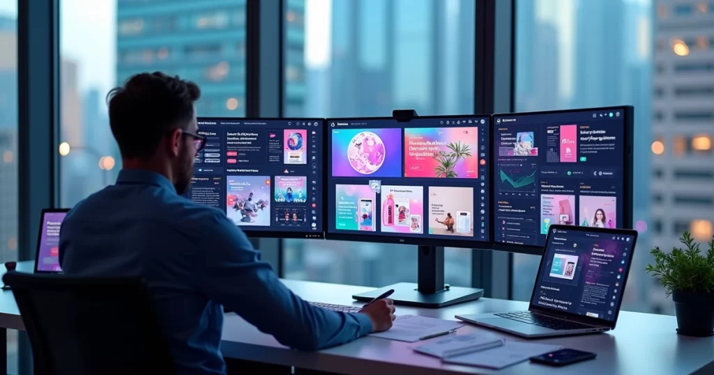 Profissional de marketing criando design visual com telas exibindo imagens geradas por IA