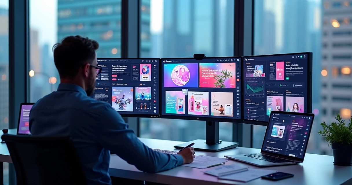 Profissional de marketing criando design visual com telas exibindo imagens geradas por IA