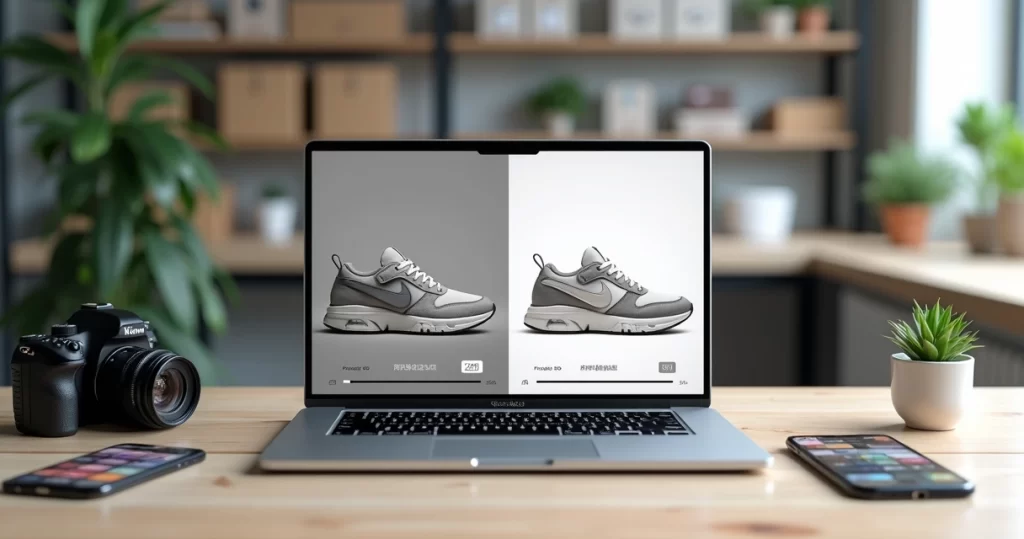 Comparação de foto de produto antes e depois otimizada por inteligência artificial em um notebook