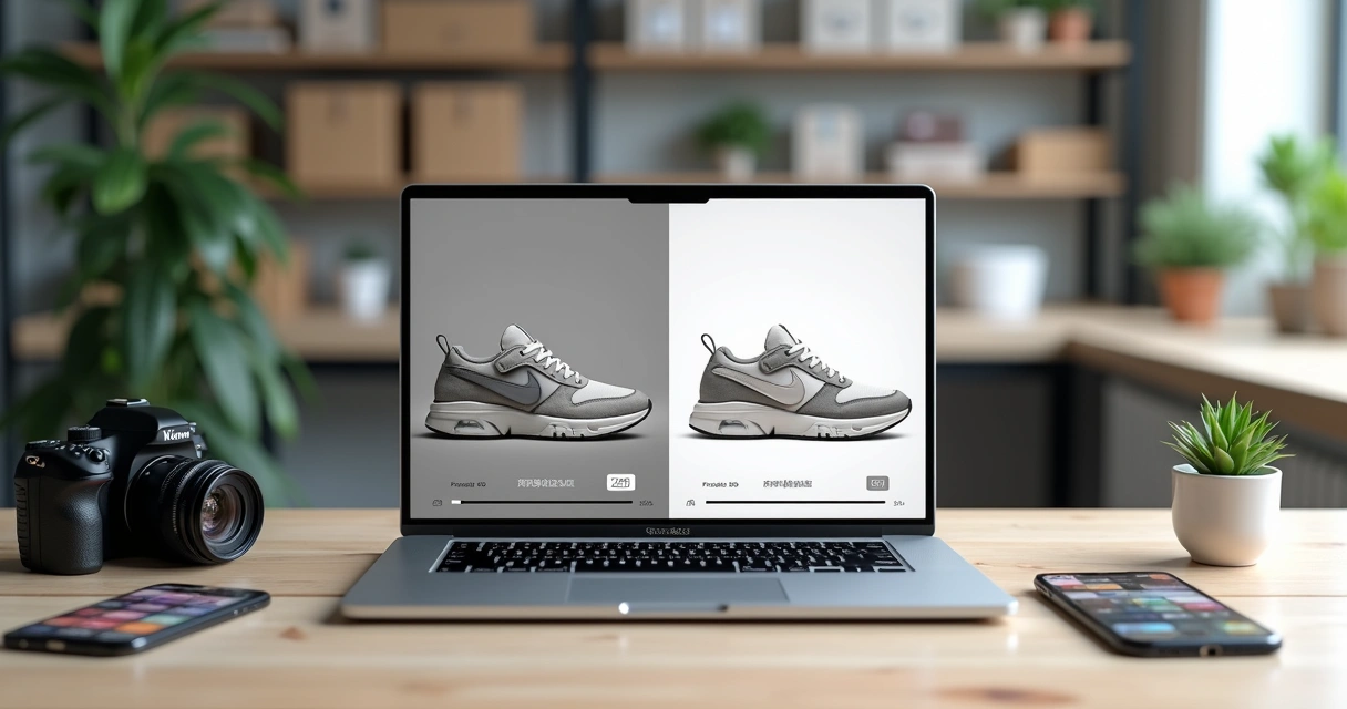 Comparação de foto de produto antes e depois otimizada por inteligência artificial em um notebook