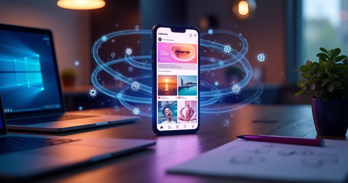 Tela de celular com feed do Instagram de empresa cercada por elementos de inteligência artificial