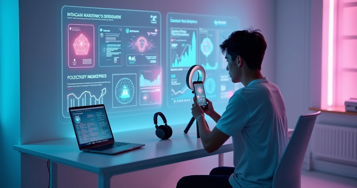 Influencer gravando vídeo com gráficos digitais de métricas ao fundo