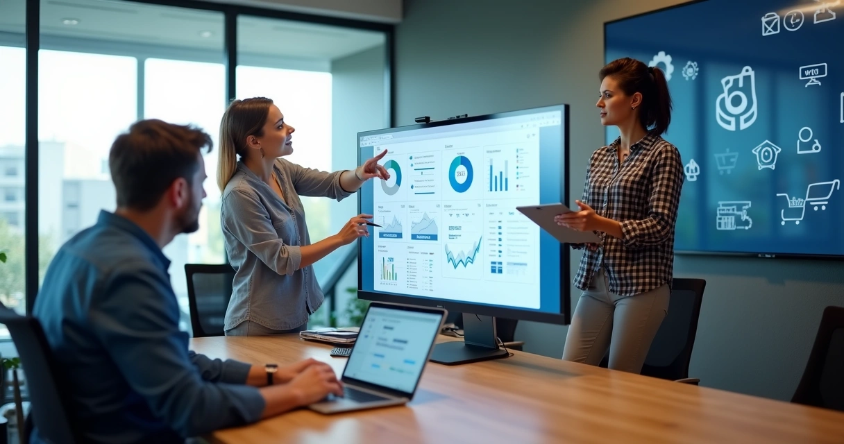 Pequena equipe analisando painel do Dynamics 365 em ambiente de escritório moderno