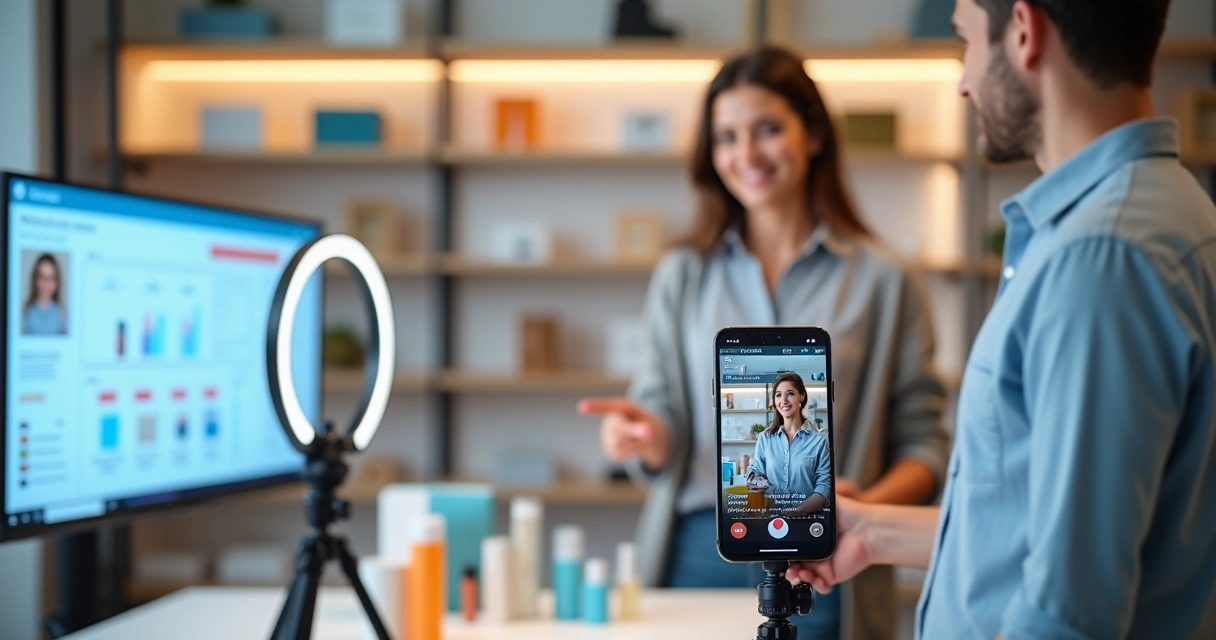 Influenciadora apresentando produtos em uma live de compras com comentários e botões de compra na tela