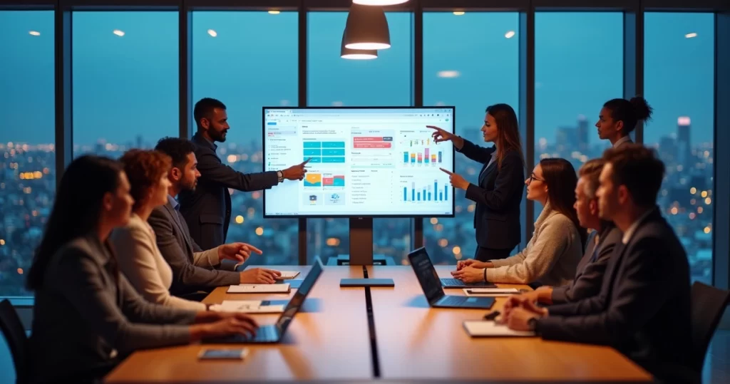 Equipe analisa painel do Salesforce com CRM personalizado em tela ampla