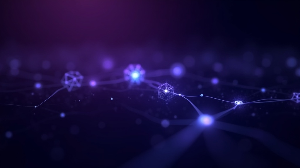 Ferramentas de brainstorming e ideação: rede de nós interconectados em roxo e azul sobre fundo escuro