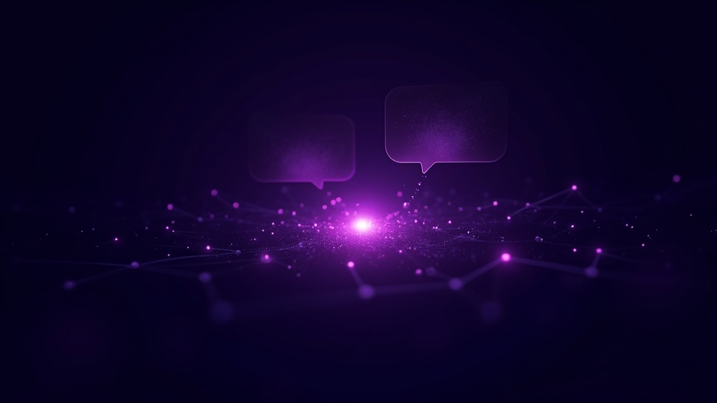 Ilustração abstrata em violeta de agente de IA para atendimento: balões de conversa conectados a uma rede de nós luminosos