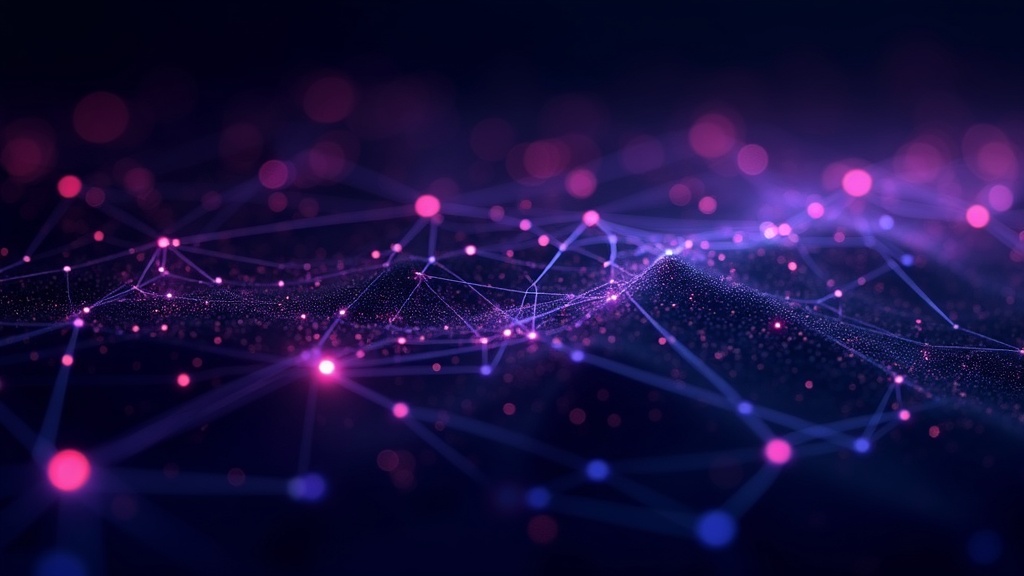 Ferramentas de automação de marketing: rede de fluxos de dados e nós interconectados em violeta e azul elétrico