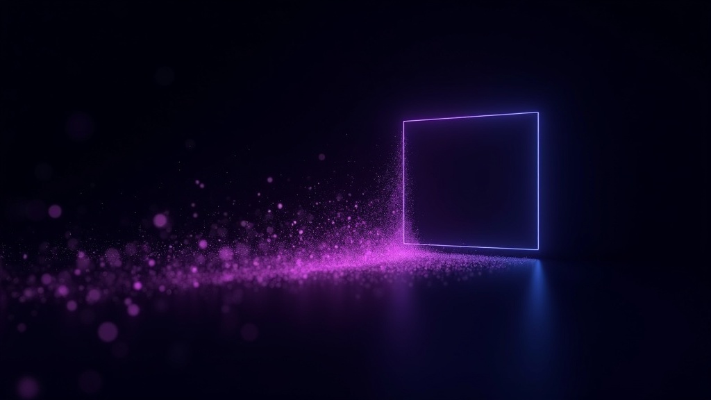 Ilustração abstrata em violeta e azul sobre fundo escuro: partículas luminosas se condensando em uma imagem, representando geradores de imagem com inteligência artificial
