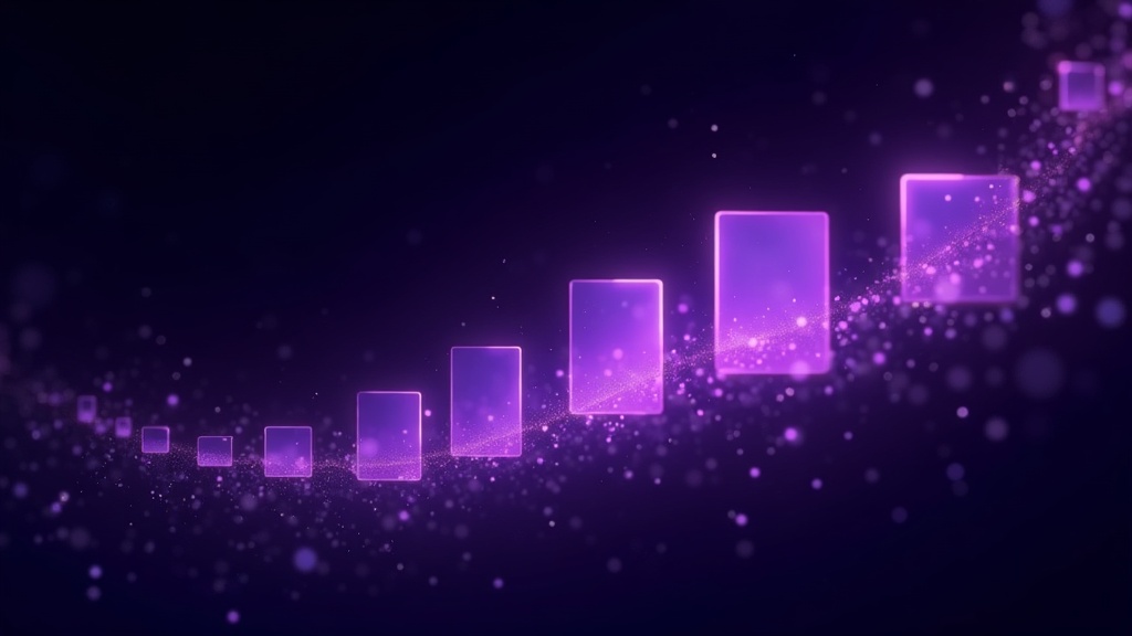 Ilustração abstrata em violeta de frames de vídeo se materializando a partir de partículas de luz, representando geração de vídeo por inteligência artificial
