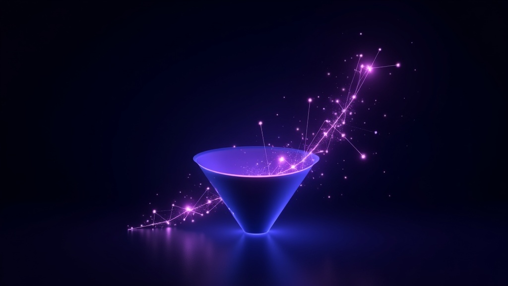 Funil de leads se transformando em gráfico de receita — ilustração abstract dark tech em violeta e azul