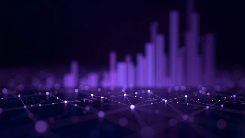 Visualização abstrata de dados em gráfico de barras violeta sobre fundo escuro, representando ferramentas de análise de dados e BI