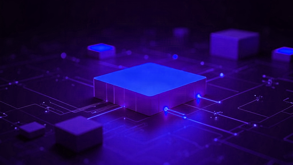 Blocos translúcidos em violeta e azul conectados a um núcleo luminoso, representando a IA integrada ao espaço de trabalho