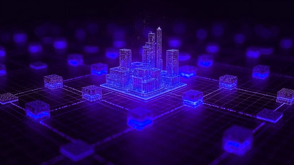 Rede abstrata de blocos e nós conectados por linhas de dados em violeta e azul, representando pedidos entre indústria e clientes empresariais